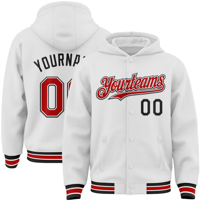 Custom White Red-Black Bomber Full-Snap Varsity Letterman Hoodie Jacket