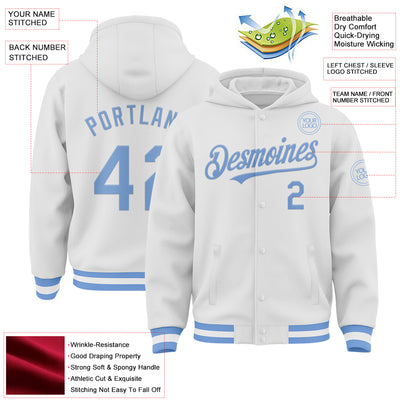 Custom White Light Blue Bomber Full-Snap Varsity Letterman Hoodie Jacket