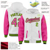 Custom White Pink Black-Neon Green Bomber Full-Snap Varsity Letterman Two Tone Hoodie Jacket