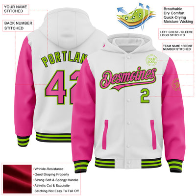 Custom White Pink Black-Neon Green Bomber Full-Snap Varsity Letterman Two Tone Hoodie Jacket