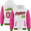 Custom White Pink Black-Neon Green Bomber Full-Snap Varsity Letterman Two Tone Hoodie Jacket