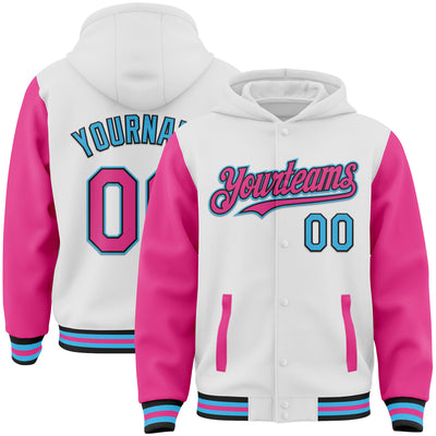 Custom White Pink Black-Sky Blue Bomber Full-Snap Varsity Letterman Two Tone Hoodie Jacket