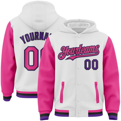 Custom White Pink Black-Purple Bomber Full-Snap Varsity Letterman Two Tone Hoodie Jacket