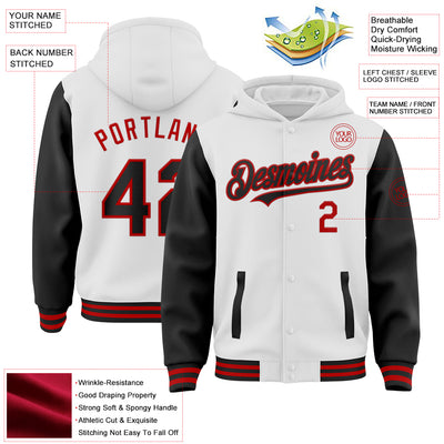 Custom White Black-Red Bomber Full-Snap Varsity Letterman Two Tone Hoodie Jacket