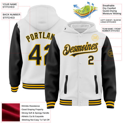 Custom White Black-Gold Bomber Full-Snap Varsity Letterman Two Tone Hoodie Jacket