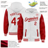 Custom White Red Bomber Full-Snap Varsity Letterman Two Tone Hoodie Jacket