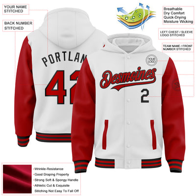 Custom White Red-Black Bomber Full-Snap Varsity Letterman Two Tone Hoodie Jacket