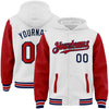 Custom White Red-Navy Bomber Full-Snap Varsity Letterman Two Tone Hoodie Jacket