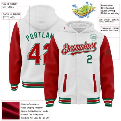 Custom White Red-Kelly Green Bomber Full-Snap Varsity Letterman Two Tone Hoodie Jacket