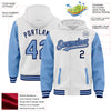 Custom White Light Blue-Navy Bomber Full-Snap Varsity Letterman Two Tone Hoodie Jacket