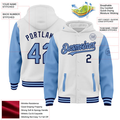 Custom White Light Blue-Navy Bomber Full-Snap Varsity Letterman Two Tone Hoodie Jacket