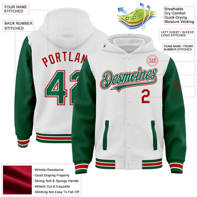 Custom White Kelly Green-Red Bomber Full-Snap Varsity Letterman Two Tone Hoodie Jacket