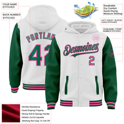 Custom White Kelly Green-Pink Bomber Full-Snap Varsity Letterman Two Tone Hoodie Jacket