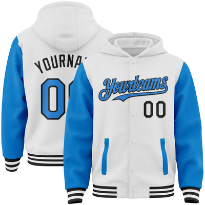 Custom White Powder Blue-Black Bomber Full-Snap Varsity Letterman Two Tone Hoodie Jacket