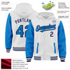 Custom White Powder Blue-Navy Bomber Full-Snap Varsity Letterman Two Tone Hoodie Jacket