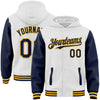 Custom White Navy-Gold Bomber Full-Snap Varsity Letterman Two Tone Hoodie Jacket