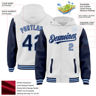 Custom White Navy-Light Blue Bomber Full-Snap Varsity Letterman Two Tone Hoodie Jacket