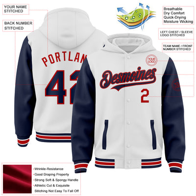 Custom White Navy-Red Bomber Full-Snap Varsity Letterman Two Tone Hoodie Jacket