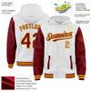 Custom White Crimson-Gold Bomber Full-Snap Varsity Letterman Two Tone Hoodie Jacket