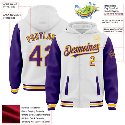 Custom White Purple-Gold Bomber Full-Snap Varsity Letterman Two Tone Hoodie Jacket