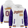 Custom White Purple-Gold Bomber Full-Snap Varsity Letterman Two Tone Hoodie Jacket