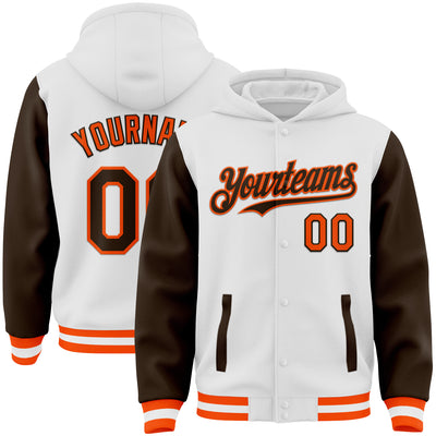 Custom White Brown-Orange Bomber Full-Snap Varsity Letterman Two Tone Hoodie Jacket