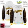 Custom White Brown-Gold Bomber Full-Snap Varsity Letterman Two Tone Hoodie Jacket