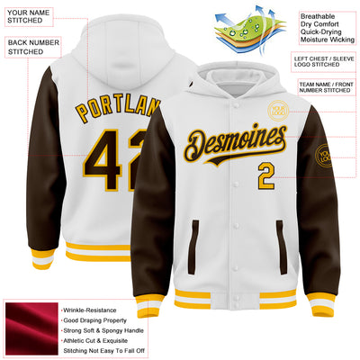 Custom White Brown-Gold Bomber Full-Snap Varsity Letterman Two Tone Hoodie Jacket