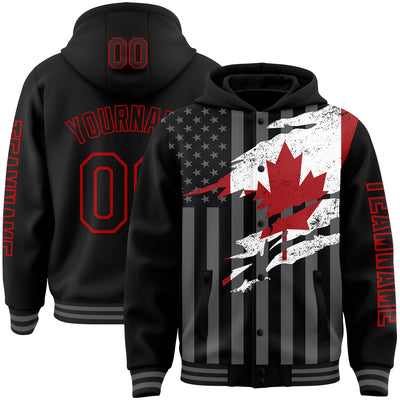 Custom Black Red-Gray Canada Canadian Flag 3D Bomber Full-Snap Varsity Letterman Hoodie Jacket