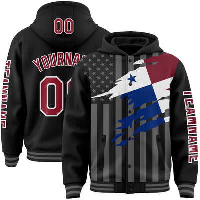 Custom Black Crimson-Gray Panama Panamanian Flag 3D Bomber Full-Snap Varsity Letterman Hoodie Jacket