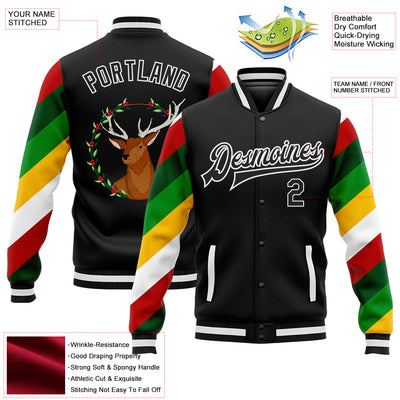 Custom Black White Christmas 3D Bomber Full-Snap Varsity Letterman Jacket