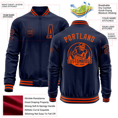 Custom Navy Orange Bomber Varsity Letterman Zipper Jacket