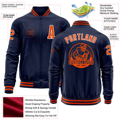 Custom Navy Orange-White Bomber Varsity Letterman Zipper Jacket