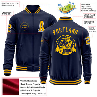 Custom Navy Gold-White Bomber Varsity Letterman Zipper Jacket