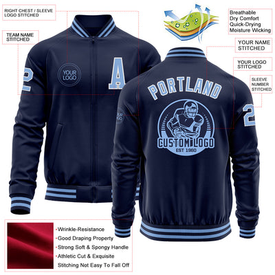 Custom Navy Light Blue-White Bomber Varsity Letterman Zipper Jacket