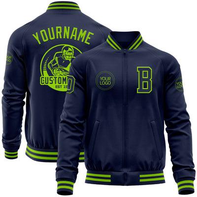 Custom Navy Neon Green Bomber Varsity Letterman Zipper Jacket