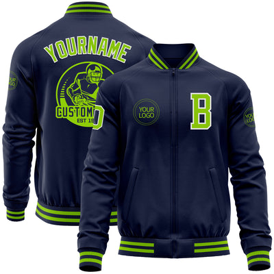 Custom Navy Neon Green-White Bomber Varsity Letterman Zipper Jacket