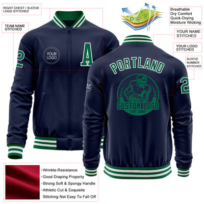 Custom Navy Kelly Green-White Bomber Varsity Letterman Zipper Jacket