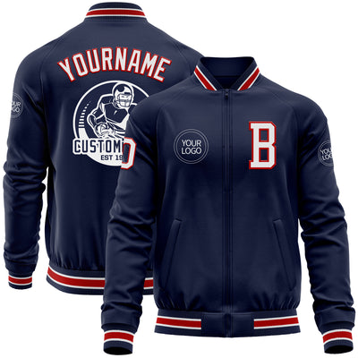 Custom Navy White-Red Bomber Varsity Letterman Zipper Jacket