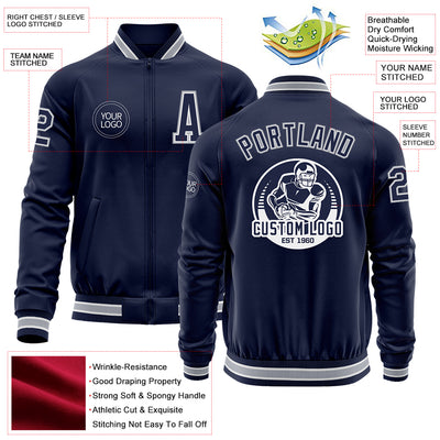 Custom Navy White-Gray Bomber Varsity Letterman Zipper Jacket