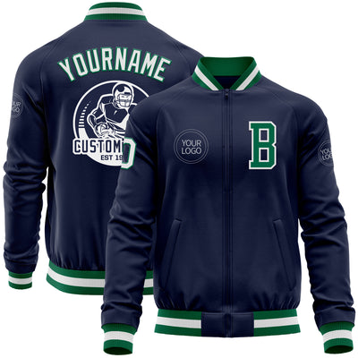 Custom Navy White-Kelly Green Bomber Varsity Letterman Zipper Jacket