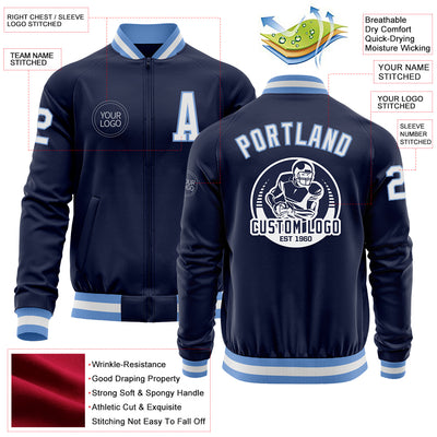 Custom Navy White-Light Blue Bomber Varsity Letterman Zipper Jacket