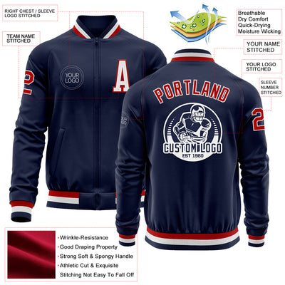 Custom Navy Red-White Bomber Varsity Letterman Zipper Jacket