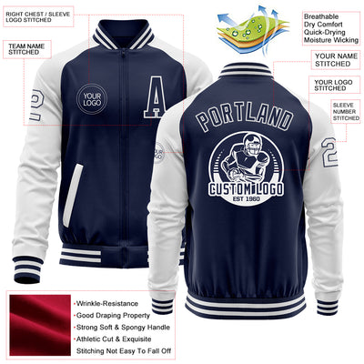 Custom Navy White Bomber Varsity Letterman Two Tone Zipper Jacket