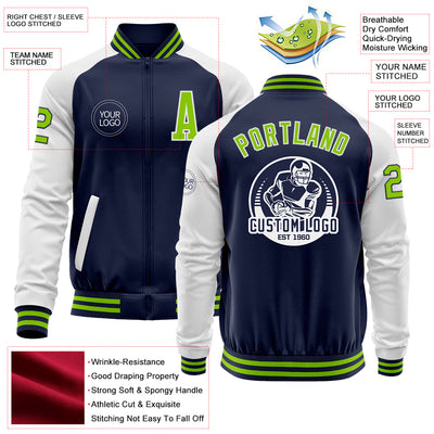 Custom Navy Neon Green-White Bomber Varsity Letterman Two Tone Zipper Jacket