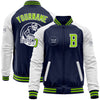 Custom Navy Neon Green-White Bomber Varsity Letterman Two Tone Zipper Jacket