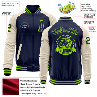 Custom Navy Neon Green-Cream Bomber Varsity Letterman Two Tone Zipper Jacket