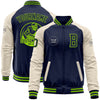 Custom Navy Neon Green-Cream Bomber Varsity Letterman Two Tone Zipper Jacket