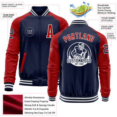 Custom Navy Red-White Bomber Varsity Letterman Two Tone Zipper Jacket