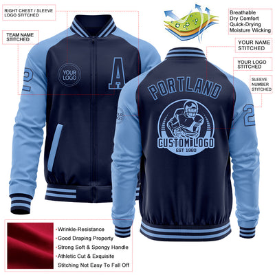 Custom Navy Light Blue Bomber Varsity Letterman Two Tone Zipper Jacket